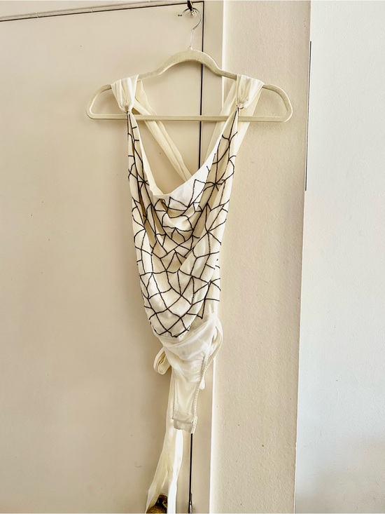 Free People Tops - Free People Cream Draped Bodysuit with Black Geometric Stitching
